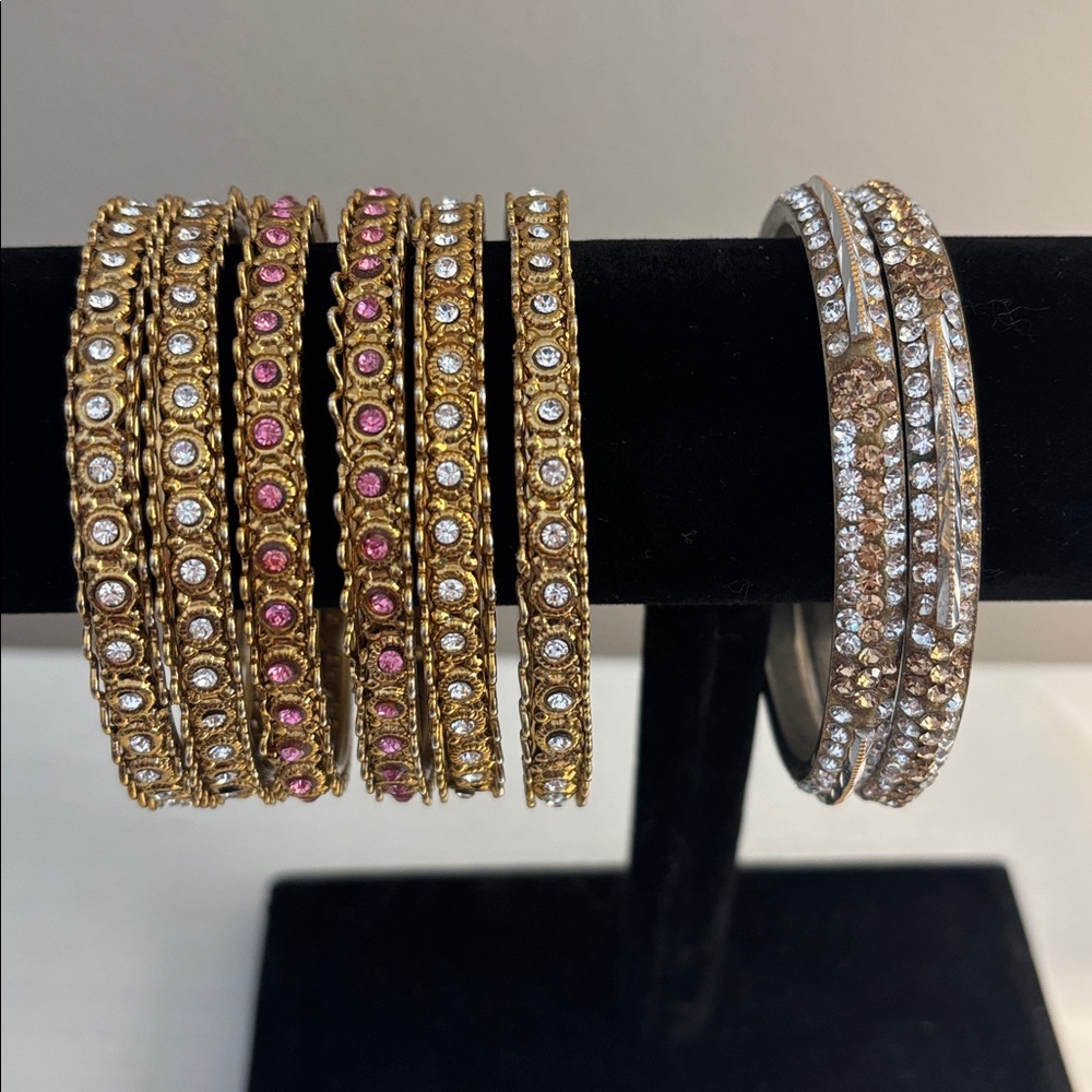 8 Bangle Bracelets Gold Tone Crystals Pink Clear